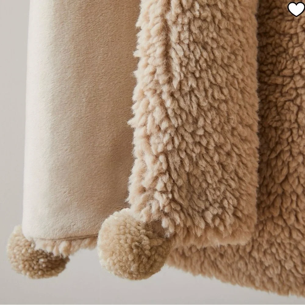 WEST ELM Cozy Sherpa Pom Pom Throw Blanket SABLE 47x60 NWT
